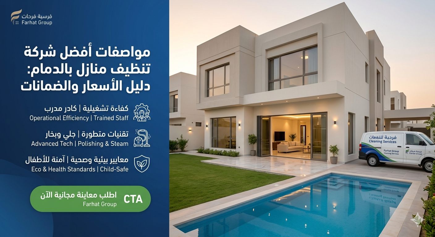 واجهة فيلا مودرن فاخرة بالدمام تعكس النظافة والاحترافية، مع سيارة خدمات تحمل شعار فرحات جروب، وقائمة بالمميزات الفنية وزر اتخاذ إجراء (CTA) لطلب معاينة مجانية.أفضل شركة تنظيف منازل بالدمام لتنظيف الفلل والبيوت بالبخار والجلي